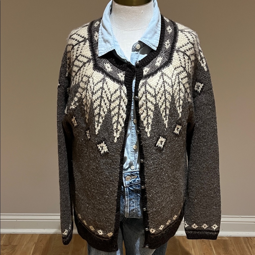 J. Jill brown and cream wool blend fair isle button front cardigan size L